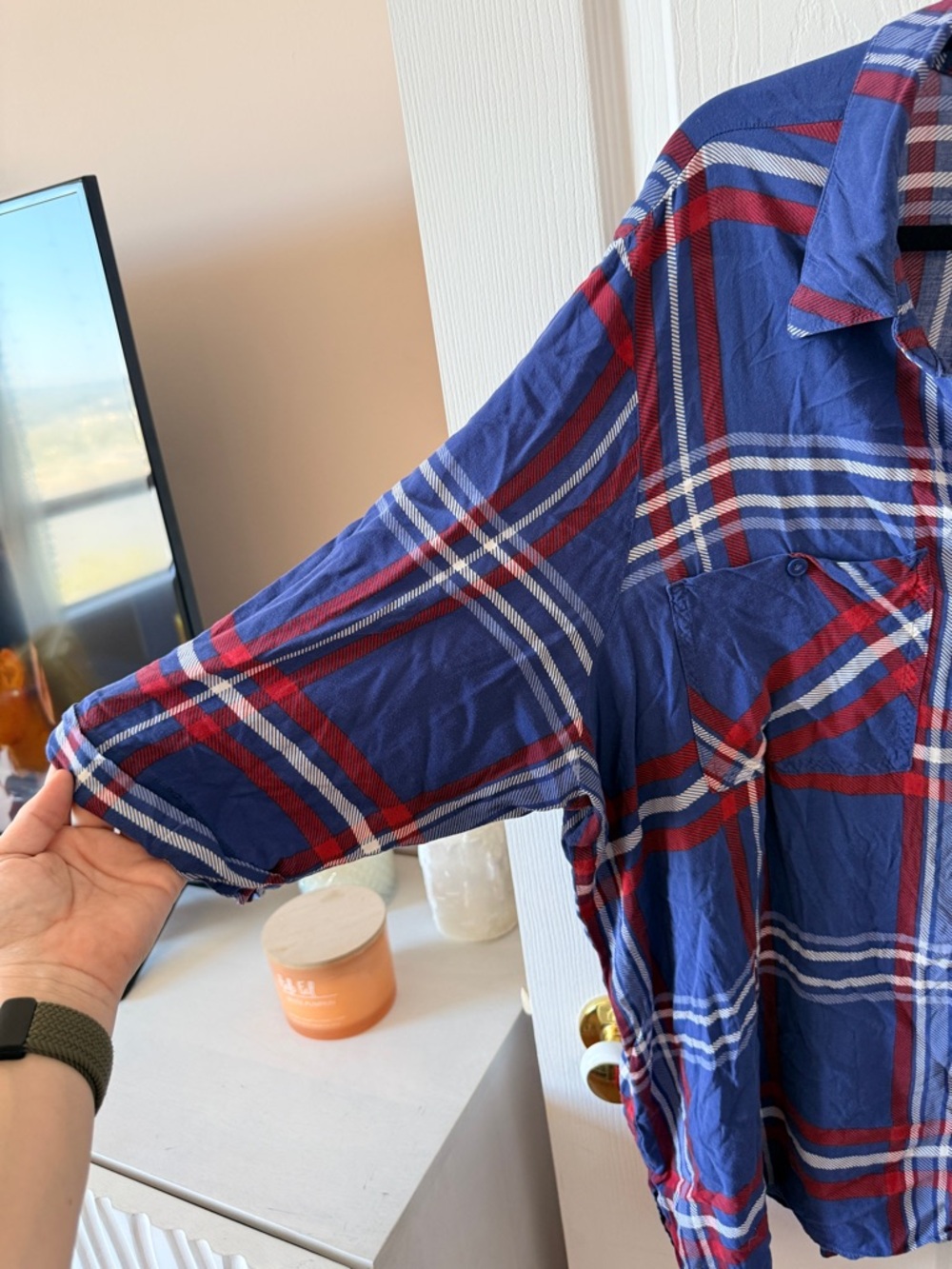 Reitmans Blue Plaid Button-Down Shirt with Red & White Stripes - Picture 4 of 7